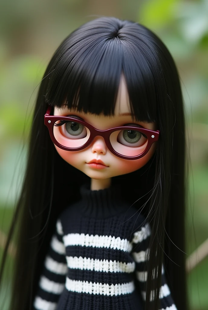 blythe doll, light brown skin, straight black hair down to the back, maroon glasses , black and white striped sweater . no hair on forehead . Wavy bangs , nature