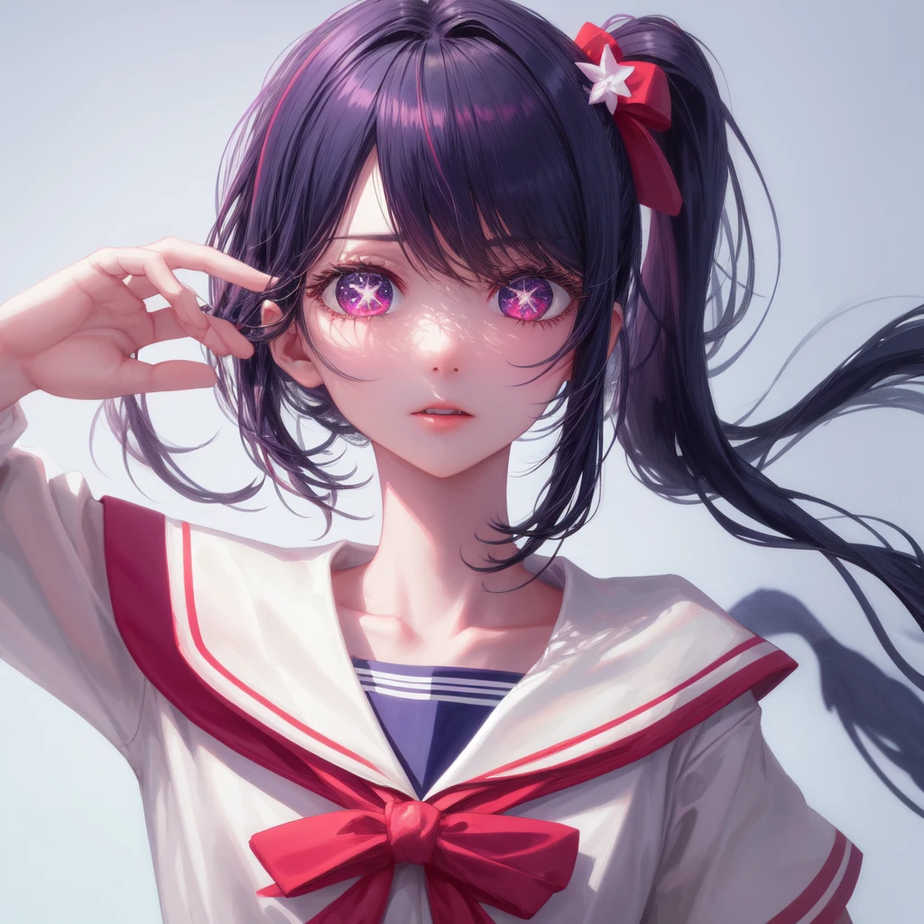 1 girl, alone, high quality,school uniform, sailor suit, slender, big tits, ponytail, BREAK Sparkling_eye, Star-shaped pupils, +_+