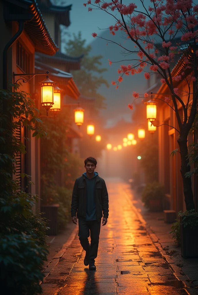 visual image or photograph,long site shot photo,moonlit night ,walking in the rain.highlight the depth of field and quality, conveying a sense of happiness and a good life despite the rainy weather, young man walk alone in street, Rainey season,autumn season,lantern street light, bathing in rain,tree flower in street line.