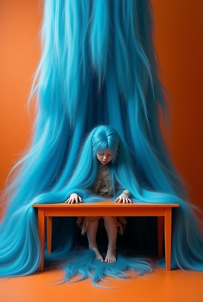 foreground, lots of blue hair cascading down onto an orange table ,surrealism, furry