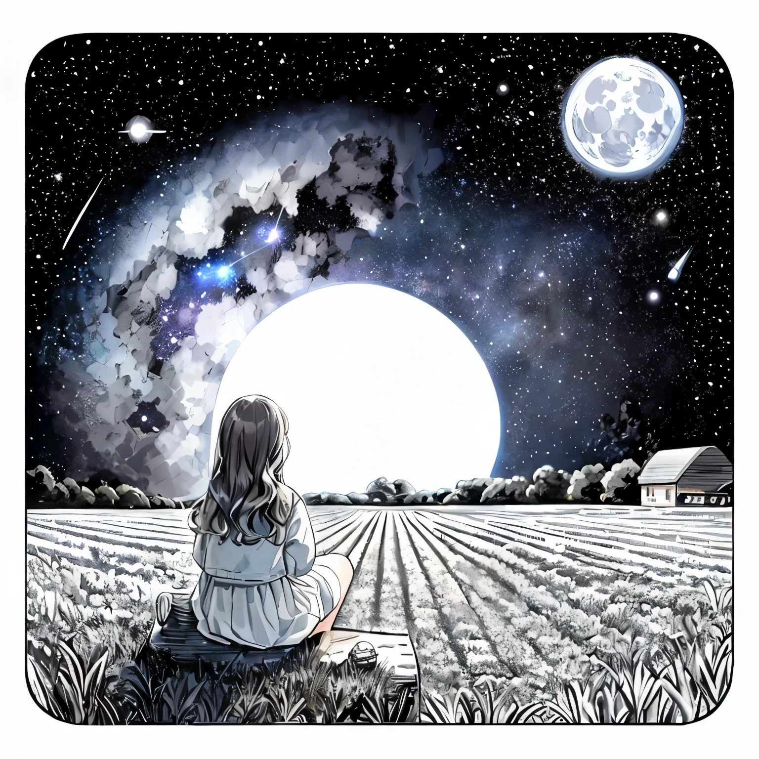 An illustration of a girl with curly hair sitting in a field and looking at the stars, sitting on the moon, Sitting on a cloud in space, Watching the Moon, In the space field, Gazing into space, The girl stares into space, On the Moon, moonlight fisheye illustrator, Watching the Moon cheia, girl in space, in front of a big moon
