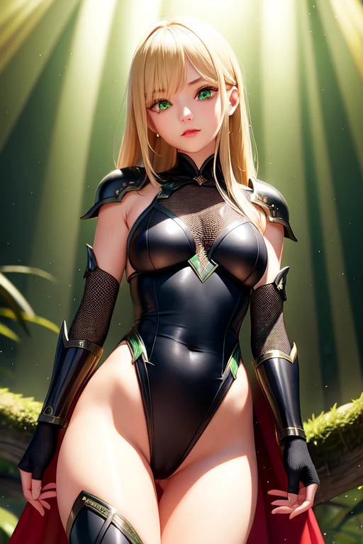 1girl, cute , :p,  armor, green eyes, blonde hair, (intricate details, hyperdetailed:1.15)black high leg swimsuit,Cowboy Shot、The background is a dark forest at night、Dark Night、Hellish Scene、Darkness、storm、lightning、fear