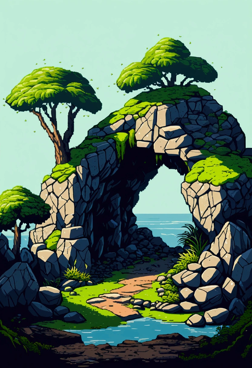Cave entrance,Mysterious, Daytime,Lots of rocks in the background,moss,wood,pixelart style