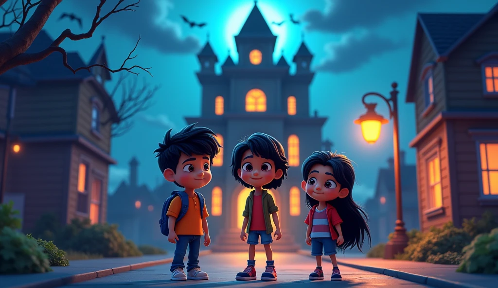 3d cartoon style image.एक रात, तीन दोस्त—रवि, समीर, और माया—जो डरावनी कहानियों के शौकीन थे, इस इमारत की सच्चाई जानने के लिए निकल पड़े।