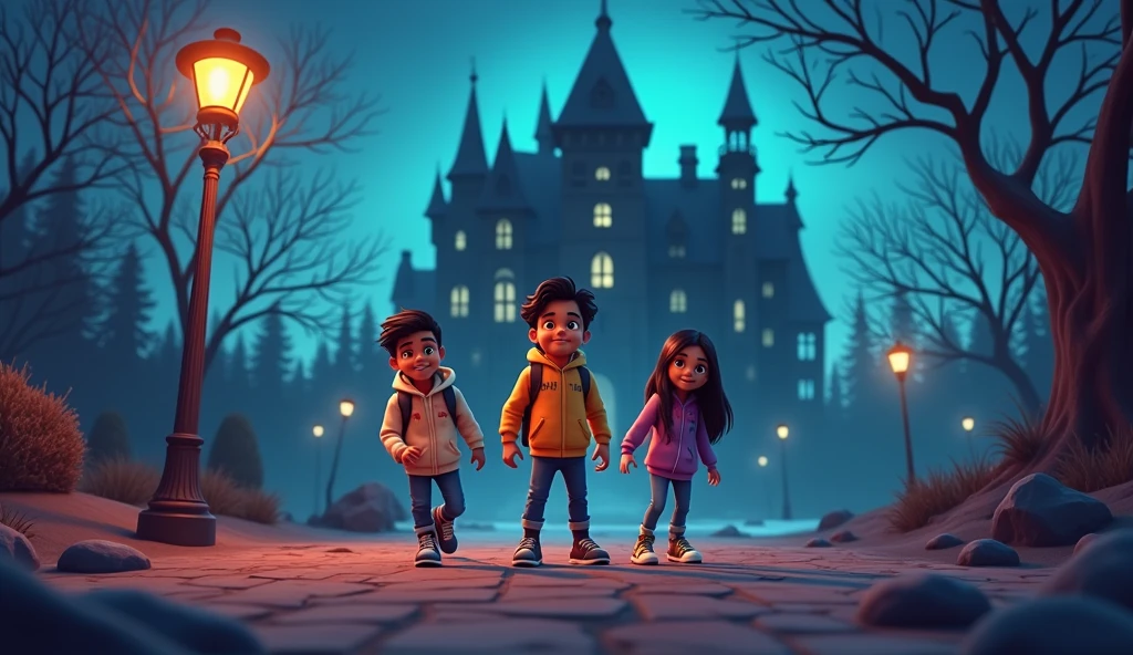 3d cartoon style image.एक रात, तीन दोस्त—रवि, समीर, और माया—जो डरावनी कहानियों के शौकीन थे, इस इमारत की सच्चाई जानने के लिए निकल पड़े।