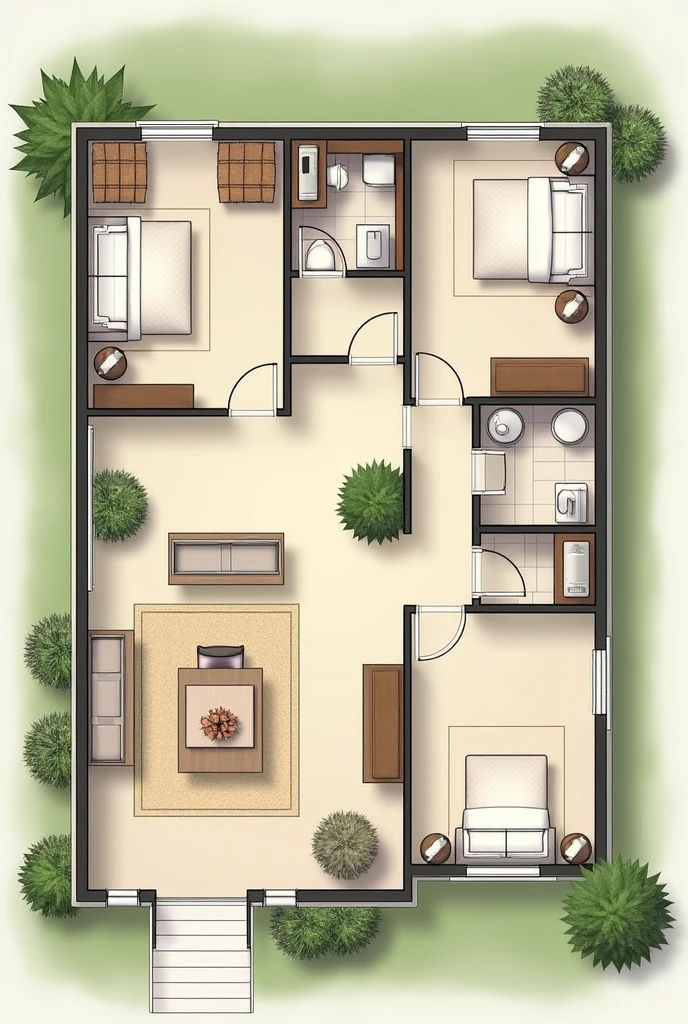 You can create a plan with 2 rooms, A bathroom, A room, a patio and green areas.
Let this plan specify that the rooms should measure 4*4 meters, bathroom 2*4 and the living room and the patio 4*6.
Create it with clear lines and add doors and windows according to your criteria..
May you have a soft beige color