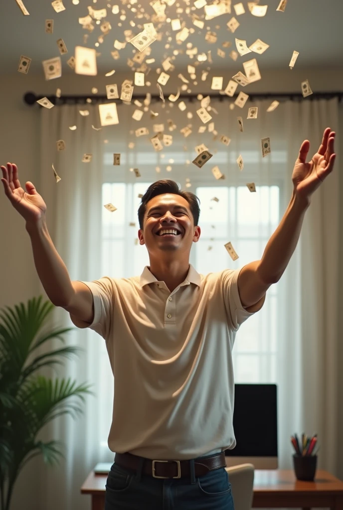  Handsome Thai man, smiling happily, holding a computer, a housekeeper, looking up, spreading his arms, waiting to receive money, with a lot of money falling from the sky, at home.