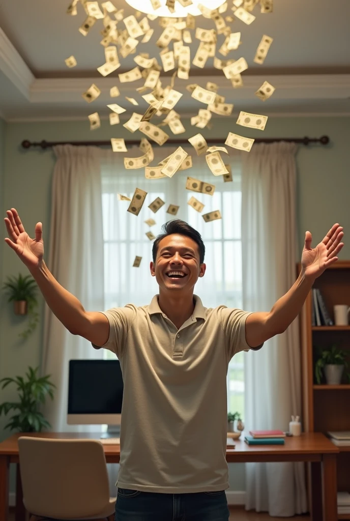 Handsome Thai man, smiling happily, holding a computer, a housekeeper, looking up, spreading his arms, waiting to receive money, with a lot of money falling from the sky, at home.