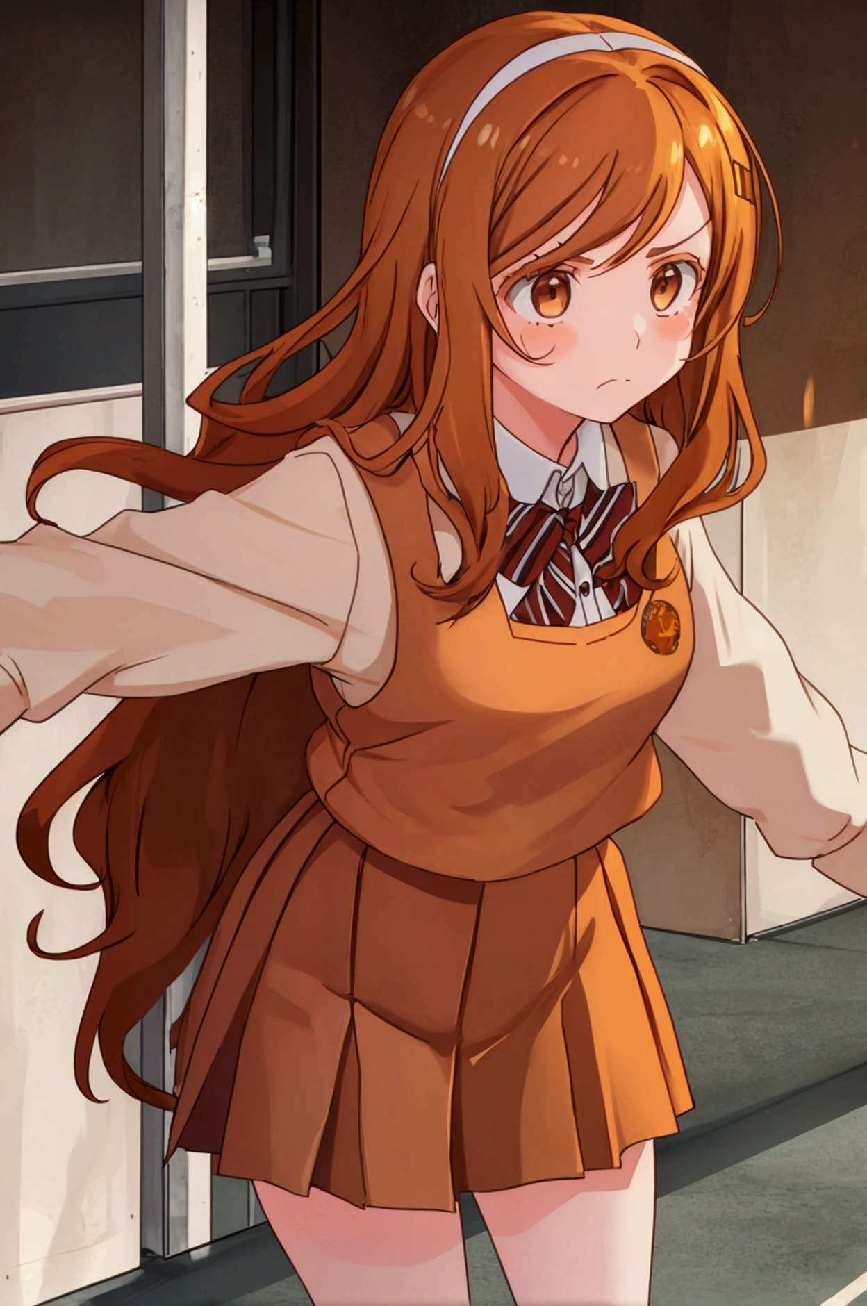 a girl looking frustrated and angry long light brown hair school dress , brown orange hair . brown eyes 