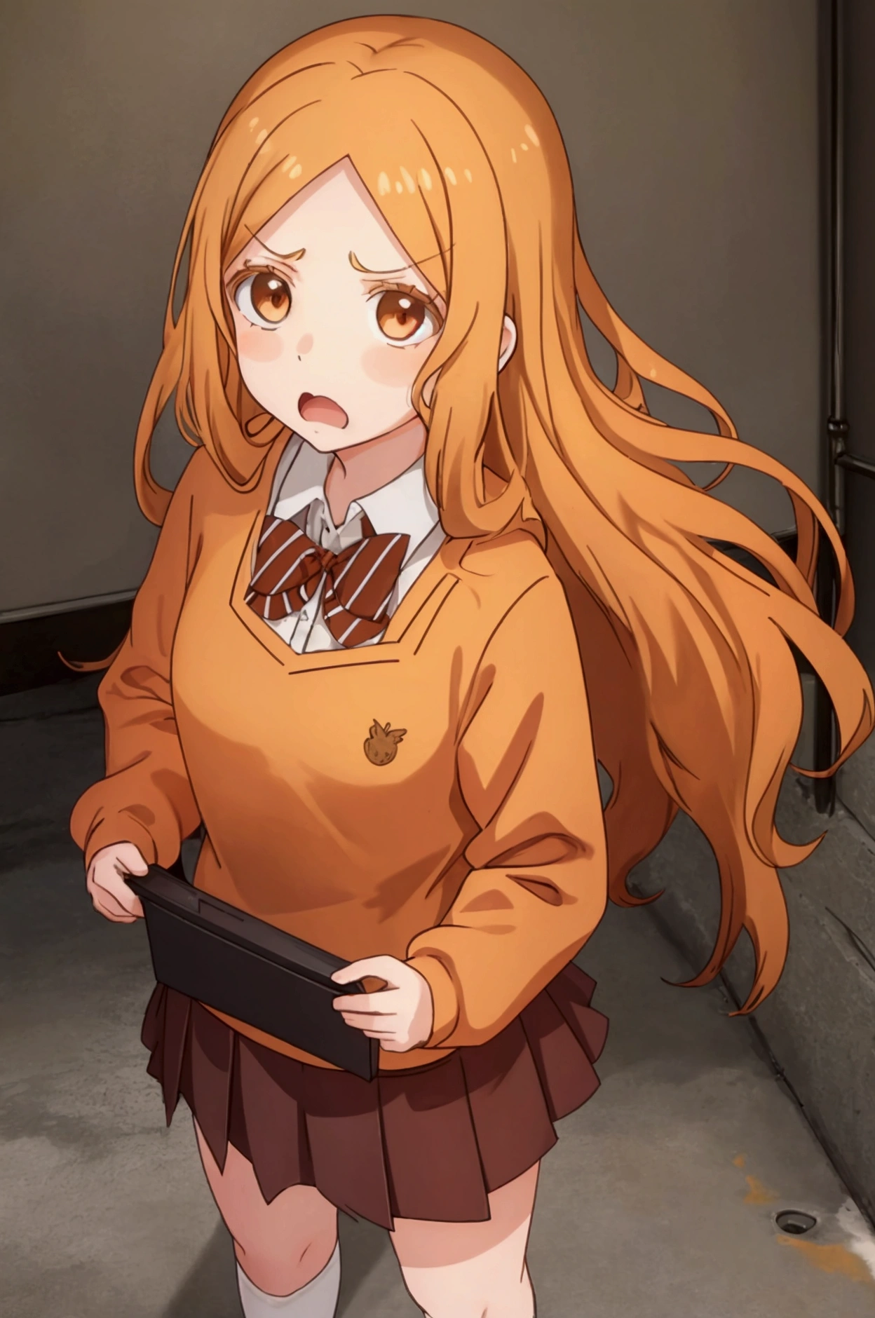 a girl looking frustrated and angry long light brown hair school dress , brown orange hair . brown eyes 