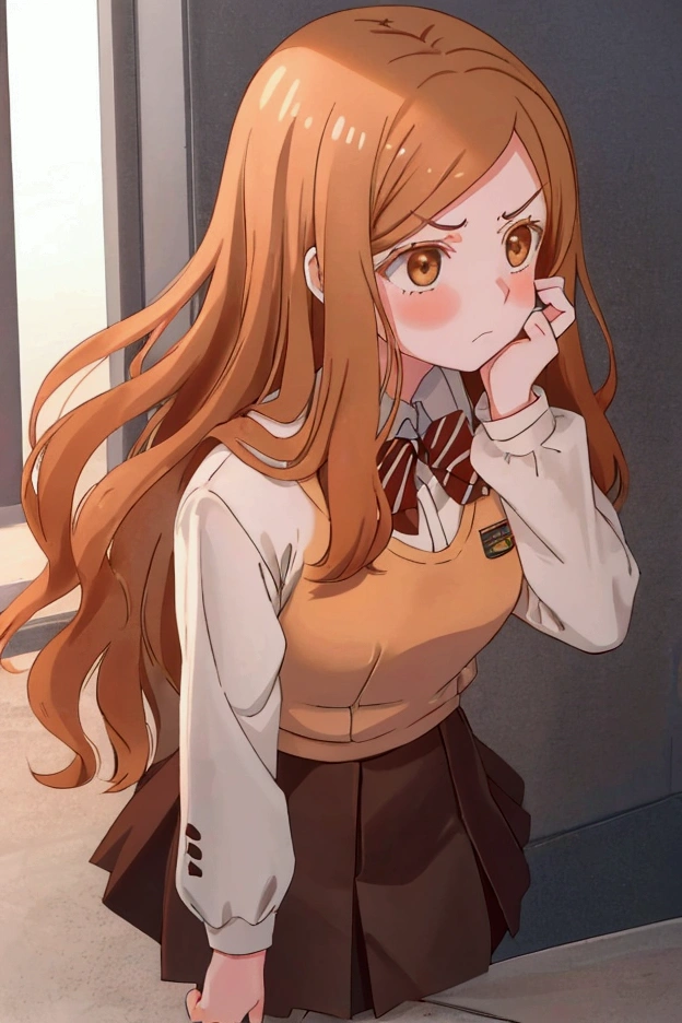 a girl looking frustrated and angry long light brown hair school dress , brown orange hair . brown eyes 