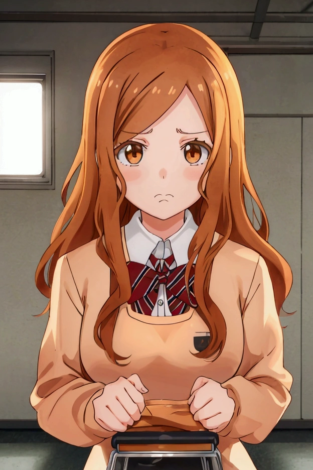 a girl looking frustrated and angry long light brown hair school dress , brown orange hair . brown eyes 