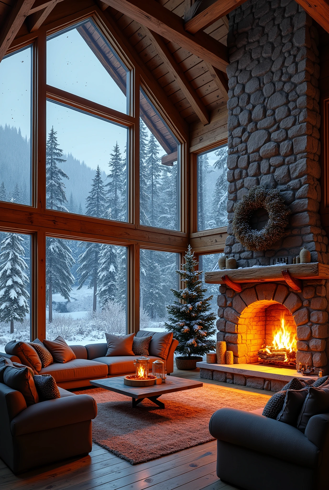 (photorealism:1.2),Imagine a stunning, double-height living room in a charming log cabin, where warmth and coziness define the space. The room features a large floor-to-ceiling window on one side, offering a breathtaking view of the snow-covered landscape outside. The snowflakes gently drift past the glass, transforming the dark, wintry world into a mesmerizing winter wonderland. Inside, the room is a haven of comfort: a crackling fire in a grand stone fireplace casts a warm, flickering glow across the room. Soft, plush furniture invites you to relax, and rich, rustic décor enhances the cabin’s charm. The high ceiling, with exposed wooden beams, adds a sense of grandeur and openness, while the inviting warmth of the interior contrasts beautifully with the cold, serene landscape just beyond the window.
realistic, intricate details, warm colors, by Greg Rutkowski, by Alphonse Mucha