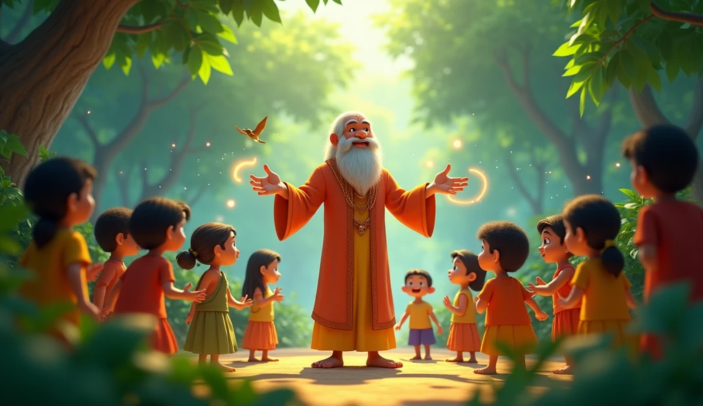 Gathering the Village Children
Mohan using his magical powers to gather all the children from the village into a clearing in the jungle. The children are excited and curious, looking up to Mohan with anticipation.3d animated 