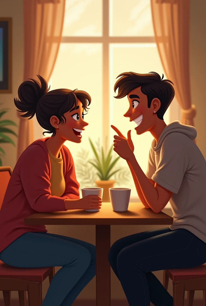 Create a image'
Action: Jamie nods and sits down. They engage in a lively conversation, clearly enjoying each other's company.