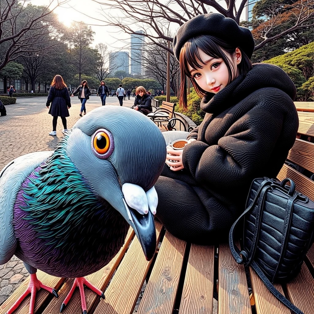 A pigeon looking at the camera sitting on a bench with a young pretty woman holding a coffee cup, Realistic Anime 3D Style, Japanのポップシュルレアリスム, Sakimichan, Japan, Ultra-realistic painting, [ Realistic photos ]!!, Surreal 3D digital art, Surreal 3D digital art, Japonism 3d ultra detailed、かわいいJapan人の女の子, Girl images, A petite girl with a curvaceous figure, A real 2 girl, No makeup、Baby Face, Japanの美少女,
