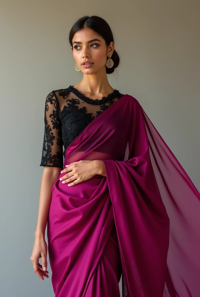 Create looks with black brasso net blouse and plain magenta satin saree with differnt blouse designs
