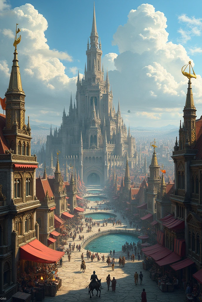 A beautiful prospering huge fantasy city, with a tall tower right in the middle of the town