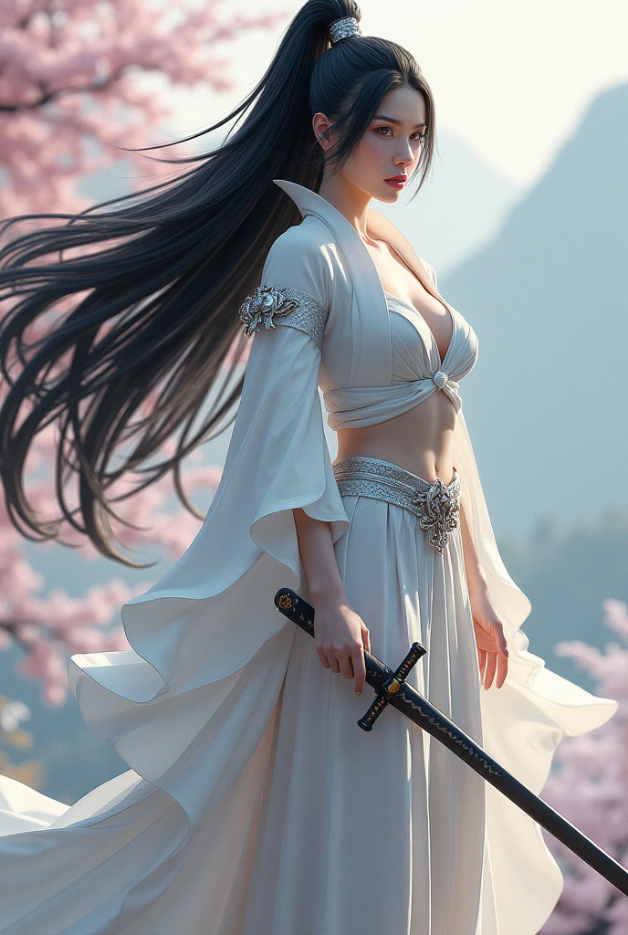 White samurai girl with long black hair holding a sword and very big breasts