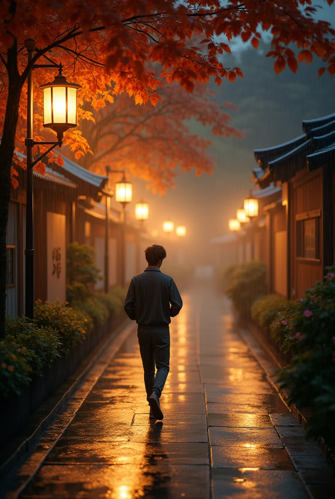 visual image or photograph,long site shot photo,moonlit night ,walking in the rain.highlight the depth of field and quality, conveying a sense of happiness and a good life despite the rainy weather, young man walk alone in street, Rainey season,autumn season,lantern street light, bathing in rain,tree flower in street line.