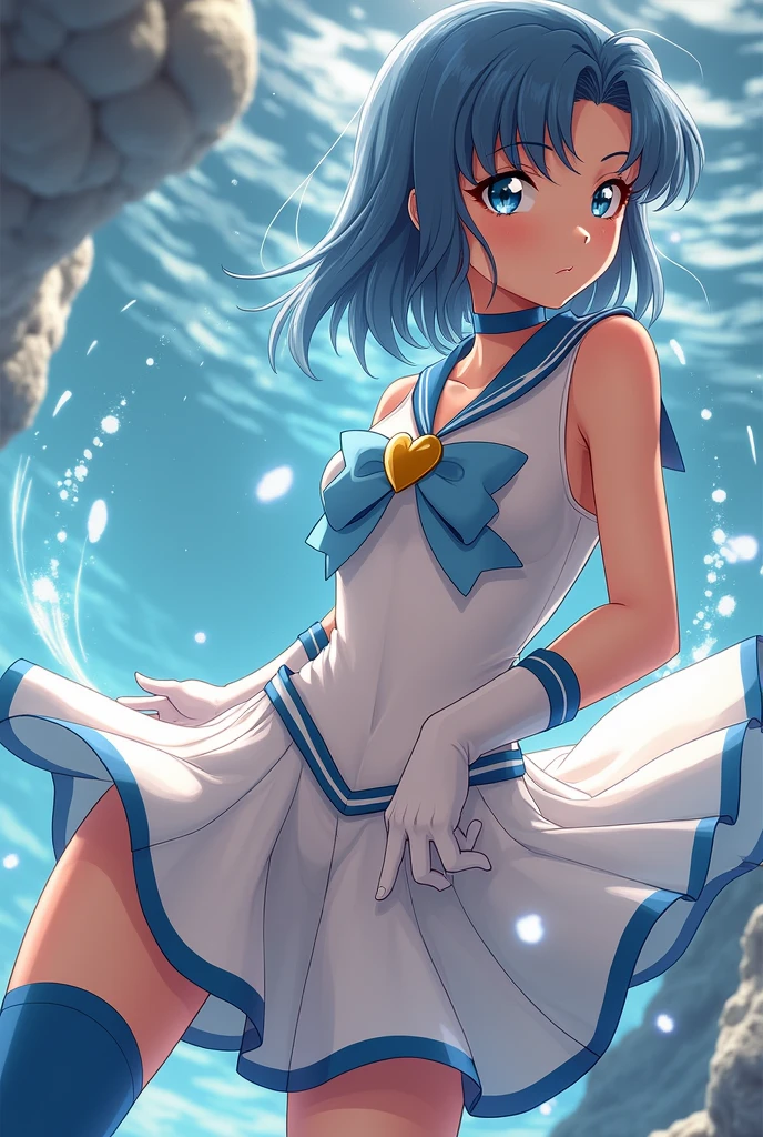 "Generate an image of Ami Mizuno from Sailor Moon in her Super Sailor Mercury form. She should be standing confidently, with her short blue hair styled in a sleek bob. Her outfit is a white sailor-style uniform with a blue collar, a light blue bow on her chest with a golden heart-shaped brooch, and a pleated skirt. She wears knee-high blue boots and white gloves with blue accents. She should be holding her Aqua ,(wind lift upskirt :1.6), with water elements swirling around her. The background should be an underwater scene, with shimmering light filtering through, creating a calm and serene atmosphere.", high quality, (RAW photo, best quality), (realistic, photorealistic: 1.4), (extremely delicate and beautiful: 1.4), amazing, fine details, masterpiece, ultra detailed, high resolution, best illustration, best shadow, intricate, ( extremely intricate: 1.2), (exquisitely detailed skin), cinematic light, perfect anatomy, (cool color: 1.4), sharp focus, 8k UHD, DSLR, (Fujifilm XT3),(iluminación cinematográfica :1.4), (pose americano :1.4), (skirt lifted by itself: 1.4 ), (skirt lift: 1.4 ), (showing white panties: 1.4 ), (colores brillantes), (mostrando panties lingerie :1.4), (estilo encaje lingerie transparente :1.4), (6D:1.4 ),( sexy pose sensual seductive :1.4), (poses de brazzers, playboy, OnlyTease, pornworld),( upskirt :1.4)