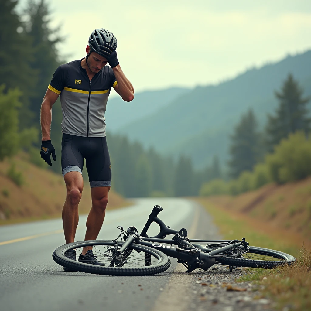 Road bike rider falls during a ride、The bike has a flat tire and is now lying on its side. The fallen rider stands there in shock.、Holding his head