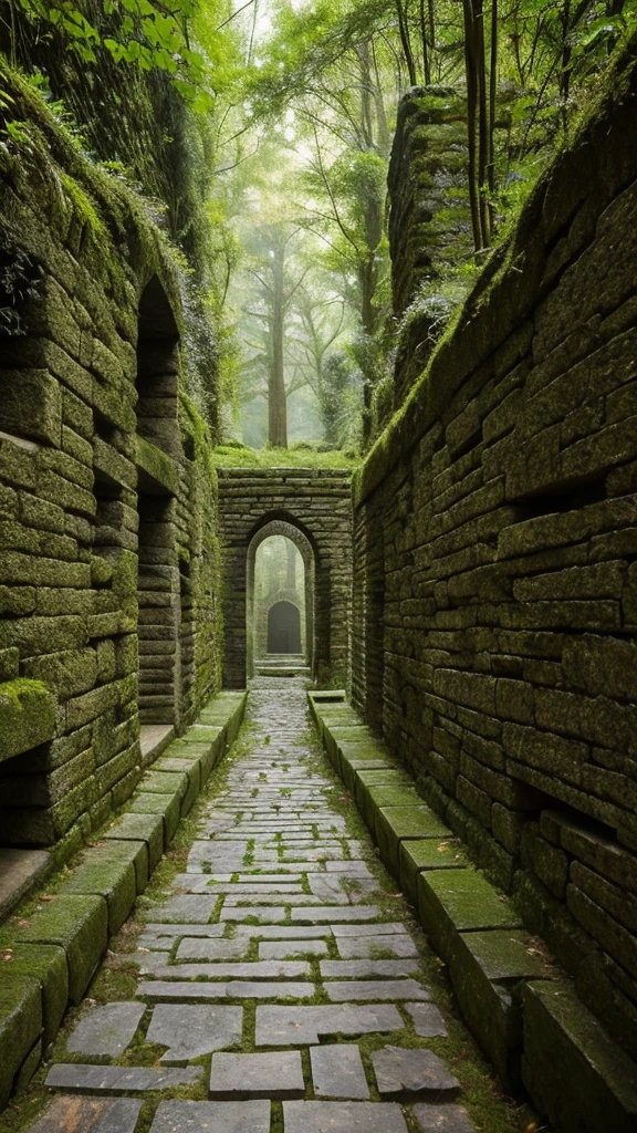 2. Scene 2: Narrow Corridor with Flickering Torches
Prompt: A narrow corridor inside the labyrinth, with walls made of ancient stone blocks, partially crumbled and covered in moss.
Flickering torches line the walls, casting an unsteady light that reveals intricate carvings of mythical creatures. The ground is uneven, with roots breaking through the stones, and the air is filled with the sound of distant echoes.