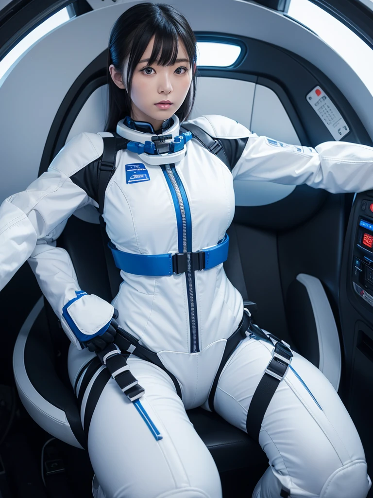 Japanese female android,White and blue steel robot suit,Wide-legged squats,Black Hair,Space capsule,I was completely strapped into the black seat with a thick harness and couldn&#39;t move.,