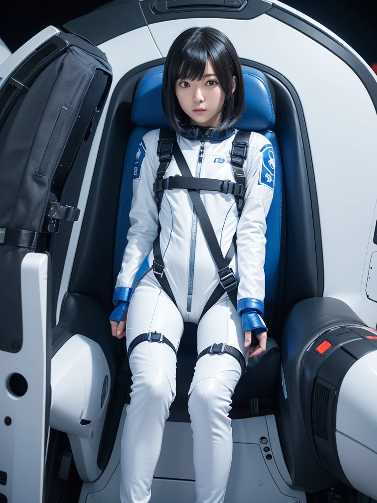 Japanese female android,White and blue steel robot suit,Wide-legged squats,Black Hair,Space capsule,I was completely strapped into the black seat with a thick harness and couldn't move.,