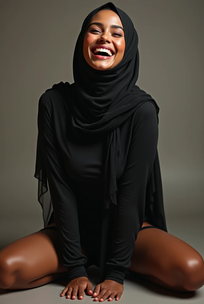 (photorealism:1.2), sexy arabic woman in hijab laughing, wet, realistic, posing legs spread, body shot