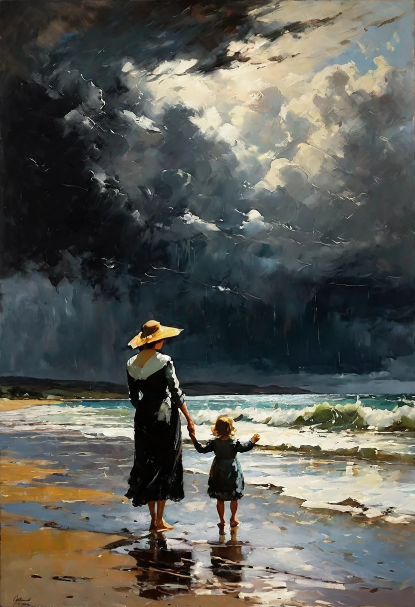 In the style of American impressionist paintings, Frank Weston Benson style, a mother and standing on the beach looking at the sea, dark wet sand, rough sea, black clouds, the sky is threatening a storm,