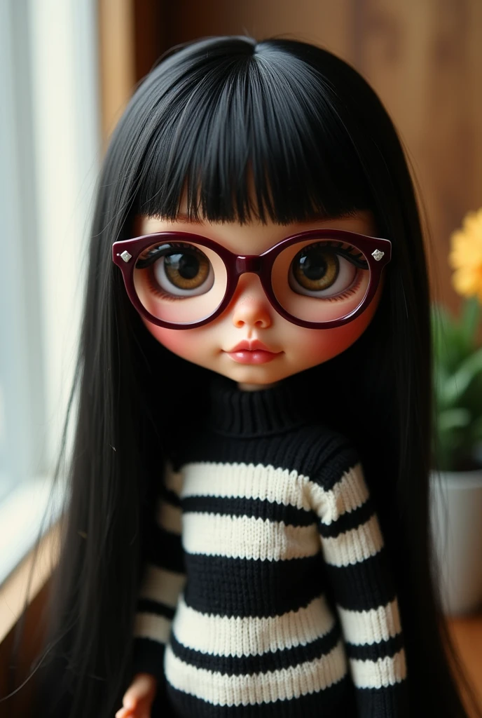 blythe doll, light brown skin, straight black hair down to the back, maroon glasses , black and white striped sweater . no hair on forehead , Waves