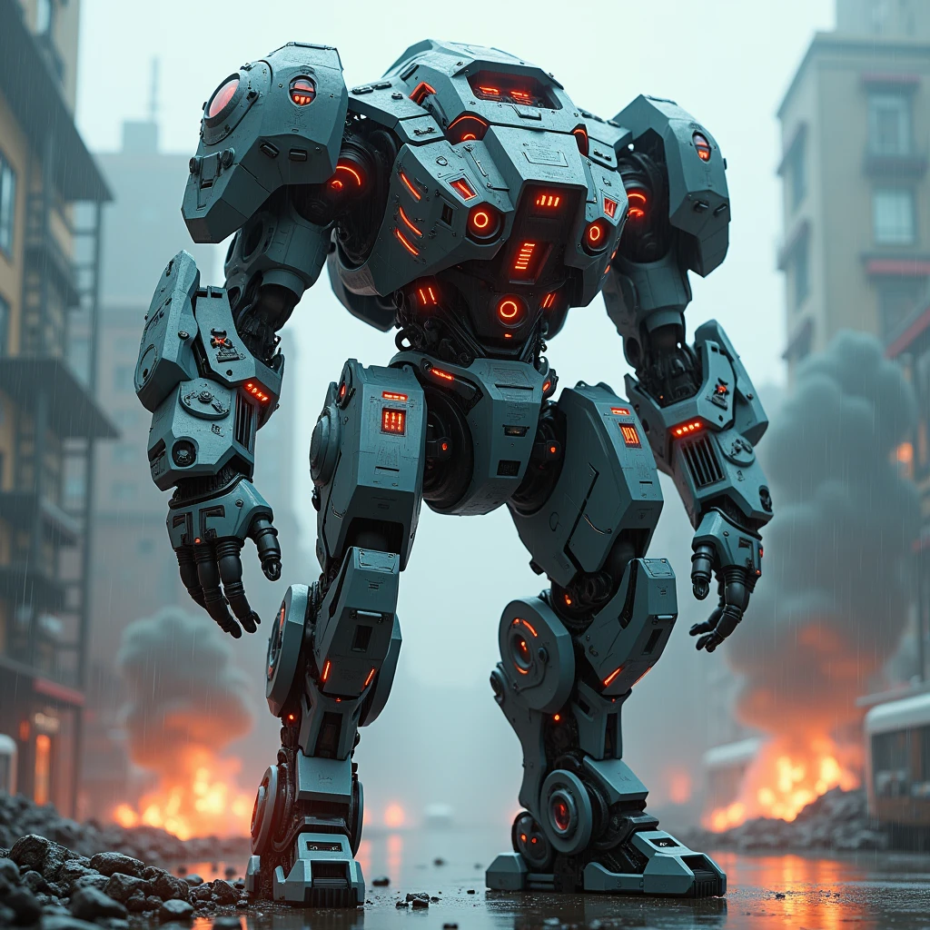 a highly detailed cyberpunk mech warrior with advanced composite armor, ceramic body, detailed mechanical parts, glowing lines, neon lights, complex futuristic design, intricate details, dynamic pose, terror, explosions, sci-fi atmosphere, cinematic lighting, muted color palette, digital art, concept art style, rainy day