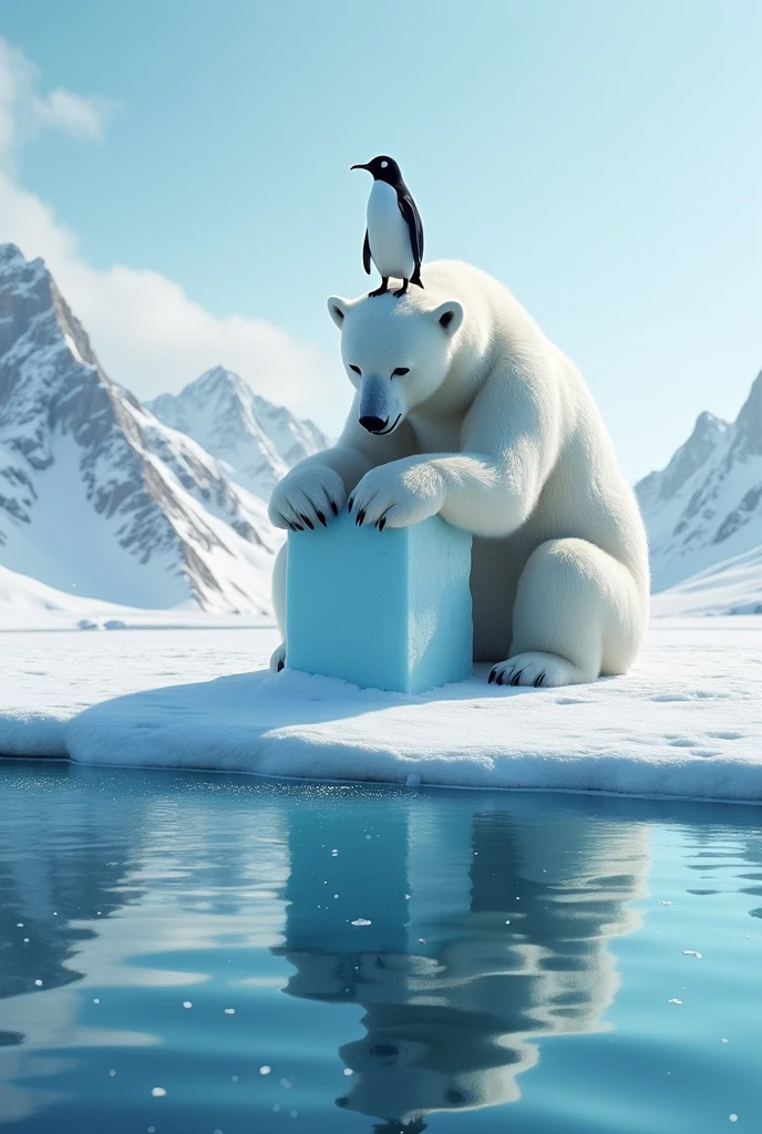 A big polar bear is sitting and hugging cube ice in a snow floor in the winter season, a cute beautiful penguin perched on his head, very beautiful sparkling water surface, crystal clear water, gravel on the river bottom, beautiful alpine mountains in the distance, realistic photo