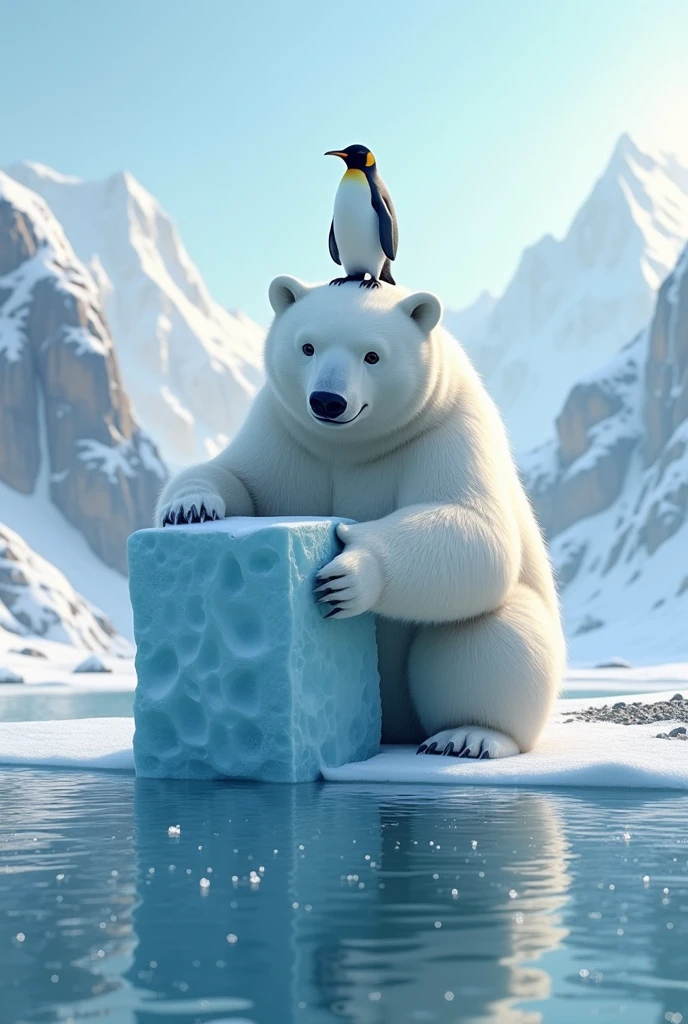 A big polar bear is sitting and hugging cube ice in a snow floor in the winter season, a cute beautiful penguin perched on his head, very beautiful sparkling water surface, crystal clear water, gravel on the river bottom, beautiful alpine mountains in the distance, realistic photo