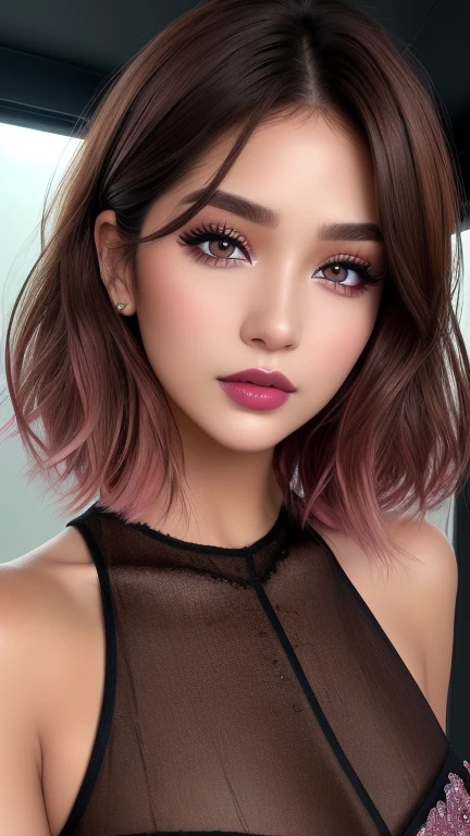Ultra-realistic、 ultra-detailed primetime portraits、 最high quality、 8K, highest level、 The ultra -The high-definition)、(Super beautiful)、(beautiful face:1.4)、(detailed face:1.5)、(detailed eyes:1.2)、(detailed lip:1.2)、(Detailed nose:1.2)、1girl:1.2 2、fashion supermodel、real:1.5、photorealistic:1.5、very delicate and beautiful、fine details、masterpiece、 最high quality、 high quality、 High resolution、 (Glamour, paparazzi taking pictures of her)、 (light dark short hair, extremely detailed)、 high contrast, (dark shot:1.07)、 Long 2blue_eyelashes:1.38、 (dark_eyeshadows:1.25)、 (Glossy) red_lipstick:1.35、(perfect round eyes)、 ((brown_eyes:1.3))、 (pink_makeup:1.28)、(tanned brown skin:1.32)、 ((upper body shot))
