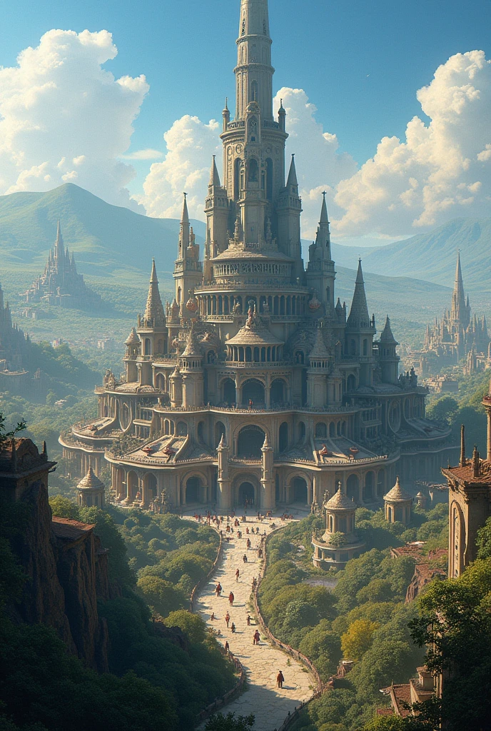 A beautiful prospering huge fantasy city, with only one tall tower right in the middle of the town