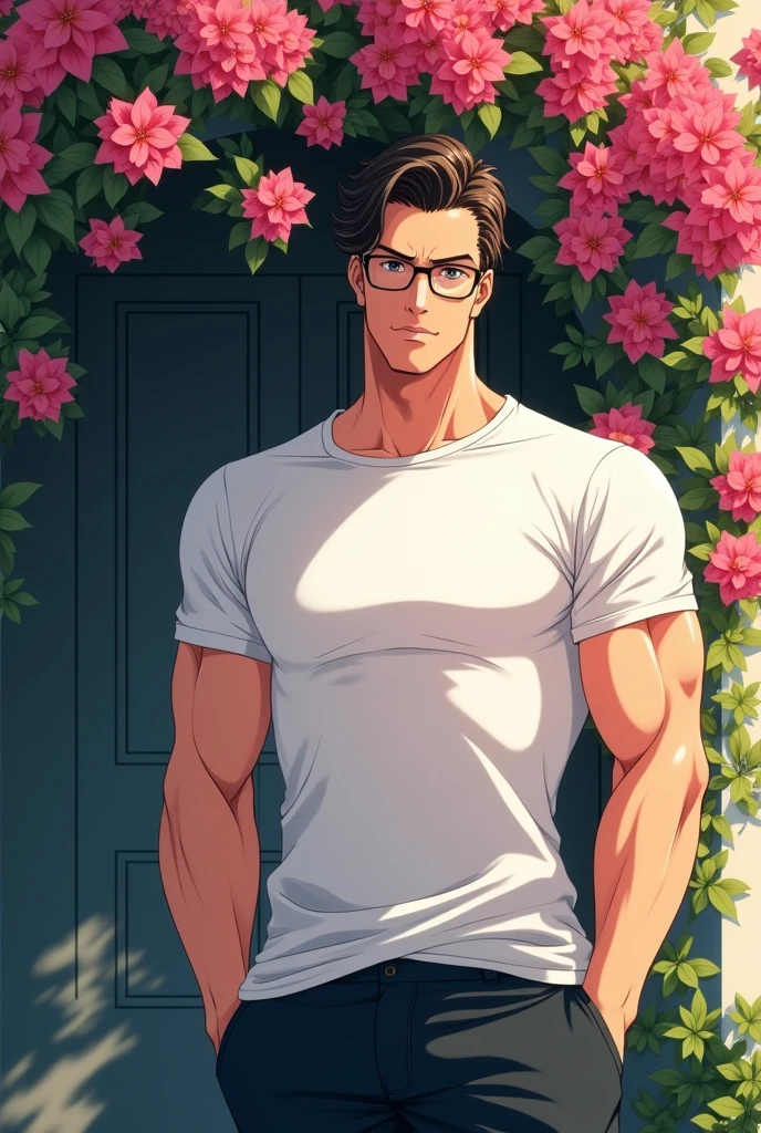 A handsome, cool, gentlemen anime guy is in white T shirt with his hands in his pockets. His chest is big and strong arm. He is wearing a black glasses. He is tall and masculine. He is turning into the left with a dewy - eyed with love. Whole his body is turning into the left. He is looking down a little bit. Behind him is a wall with bougainvillea. He is waiting for his girlfriend.  