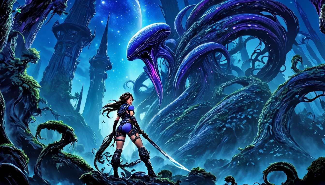 A adventurer woman (yuna, muscular, lean, sweaty, big butt, sexy explorer outfit) is using a machete to clear a path through a dense alien forest, tentacle vines reach from trees, she is carving a trail to an eldritch spire, 3 nightmarish moons hang in the starry sky each a different color, grand panoramic view of an alien landscape

