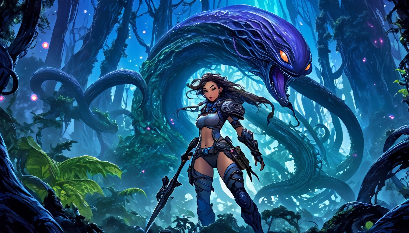 A adventurer woman (yuna, muscular, lean, sweaty, big butt, sexy explorer outfit) is using a machete to clear a path through a dense alien forest, tentacle vines reach from trees, she is carving a trail to an eldritch spire, 3 nightmarish moons hang in the starry sky each a different color, grand panoramic view of an alien landscape
