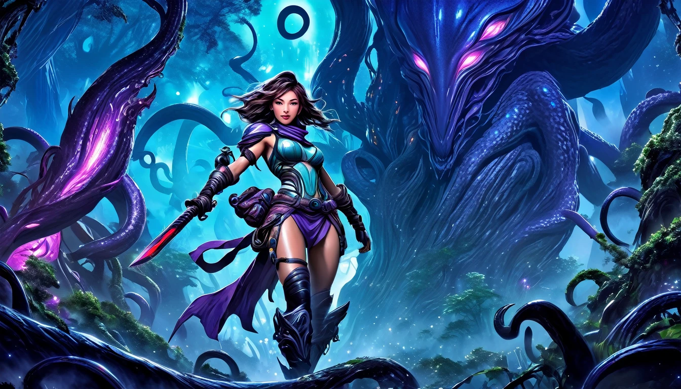 A adventurer woman (yuna, muscular, lean, sweaty, big butt, sexy explorer outfit) is using a machete to clear a path through a dense alien forest, tentacle vines reach from trees, she is carving a trail to an eldritch spire, 3 nightmarish moons hang in the starry sky each a different color, grand panoramic view of an alien landscape
