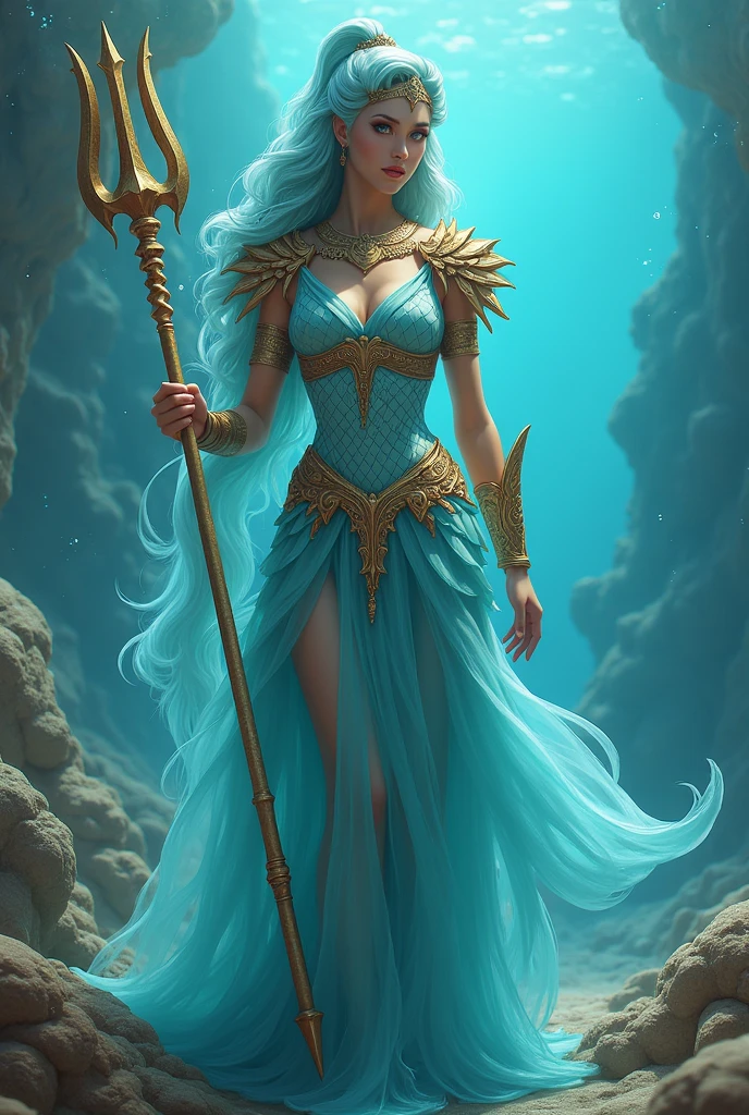 Sapphire and gold color theme, Sexy Australian ocean goddess, long lustrous dirt blonde hair, (very wavy hair, very long hair, windblown hair, hair with beach waves ), deep blue eyes, sparking dangerous eyes, sharp jawline, thin but hard mouth, (((broad shoulders, (((((massive breasts))))), tight waist, thicc butt and thighs))), (loose water-like blue dress adorned with coral and sapphires, blue high heels with aquamarine, blue lace stockings with teal wave designs, thin gold jewelry around her neck and wrists, water-inspired flowing gold/sapphire crown), gold metal gauntlets with blue wave art on them, ((wielding a massive gold trident studded with sapphires)), net-wrapped hilts, powerful goddess, standing before her throne of water in a shallow cove, powerful and sexy standing pose, goddess’s throne room in a remote ocean cove, very intricate and detailed background scene, waves of water springing up behind her, bending the waves to her will, inside a wave, highly detailed, goddess, powerful, sexy, real, incredibly realistic and hyper detailed fantasy art of a mythical goddess