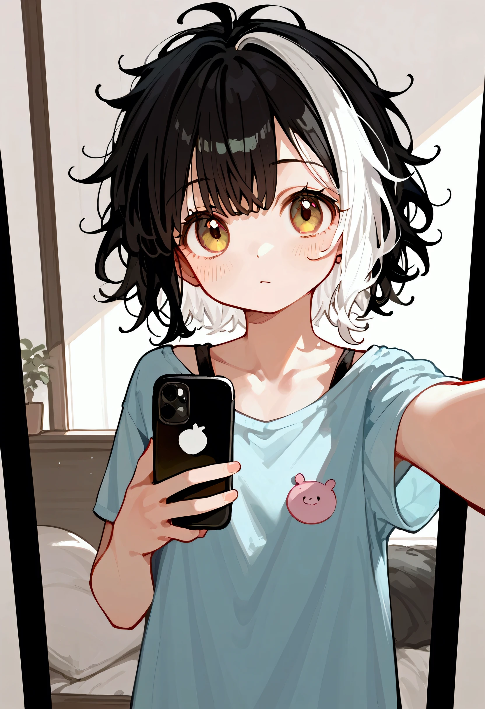 score_9, score_8_up, score_7_up, (source_anime), 1girl, solo, (petite:1.3), cute, chihi-sophie, messy hair, two tone hair, black hair, white hair, medium hair, ffc selfie, iPhone