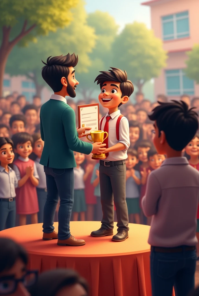 Rahul standing on a small stage in front of his entire school, holding a trophy and a certificate. His face beams with pride and joy as the audience claps and cheers. The headmaster, dressed in formal attire, is handing him the award. Other students and teachers are seen smiling and clapping in the background, celebrating his success."