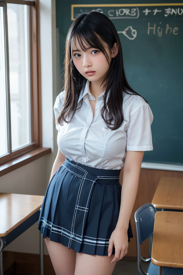 (plump big breasts,scrawny:1.2),(constricted waist:1.4),Browsing Caution,Highest quality,Ultra-high resolution,1 person,whole body,Black hair, cool expression,Looking into the camera,Beautiful and elaborate face,Fine and beautiful skin,Skin Texture,high school student,uniform,Checked mini skirt,Classroom after school,Standing pose