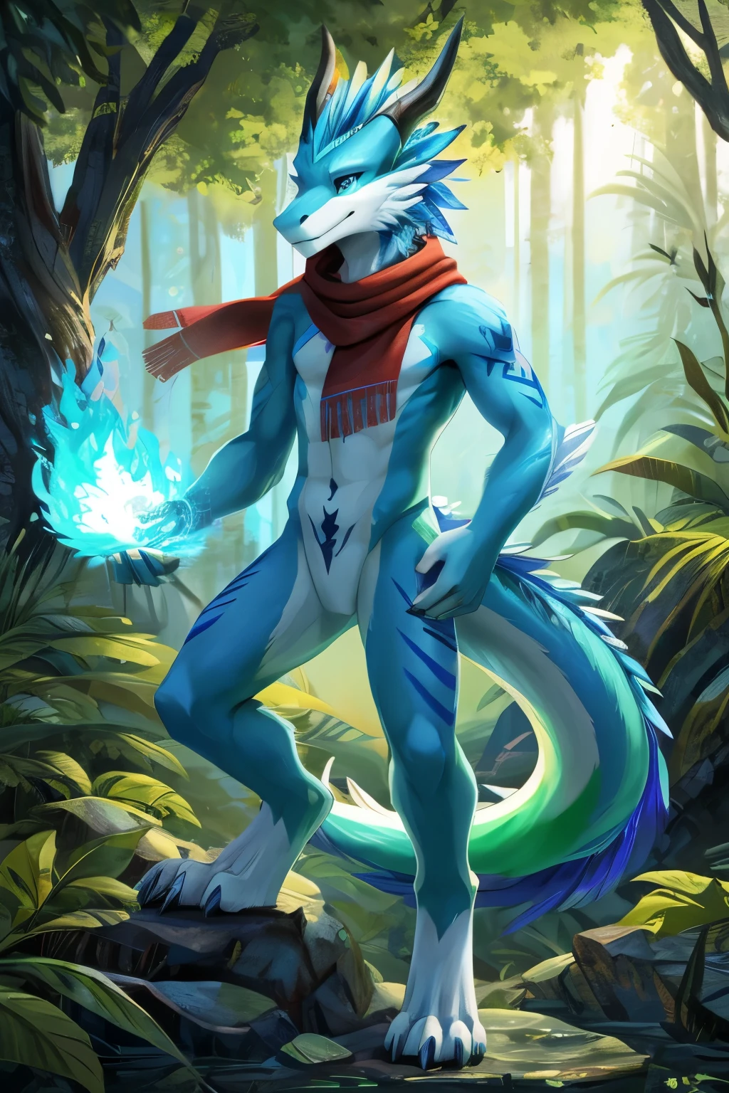 (anime), (front facing), (looking at the camera), slim furry white dragon using fire magic, (detailed eyes), blue secondary body color, (cyan, green and lime complimentary colors), spikes, very long muzzle, neck and tail fur, digitigrade, creative horns, feathers, dark gradient, (wearing only a scarf), (body markings), nature background, full body