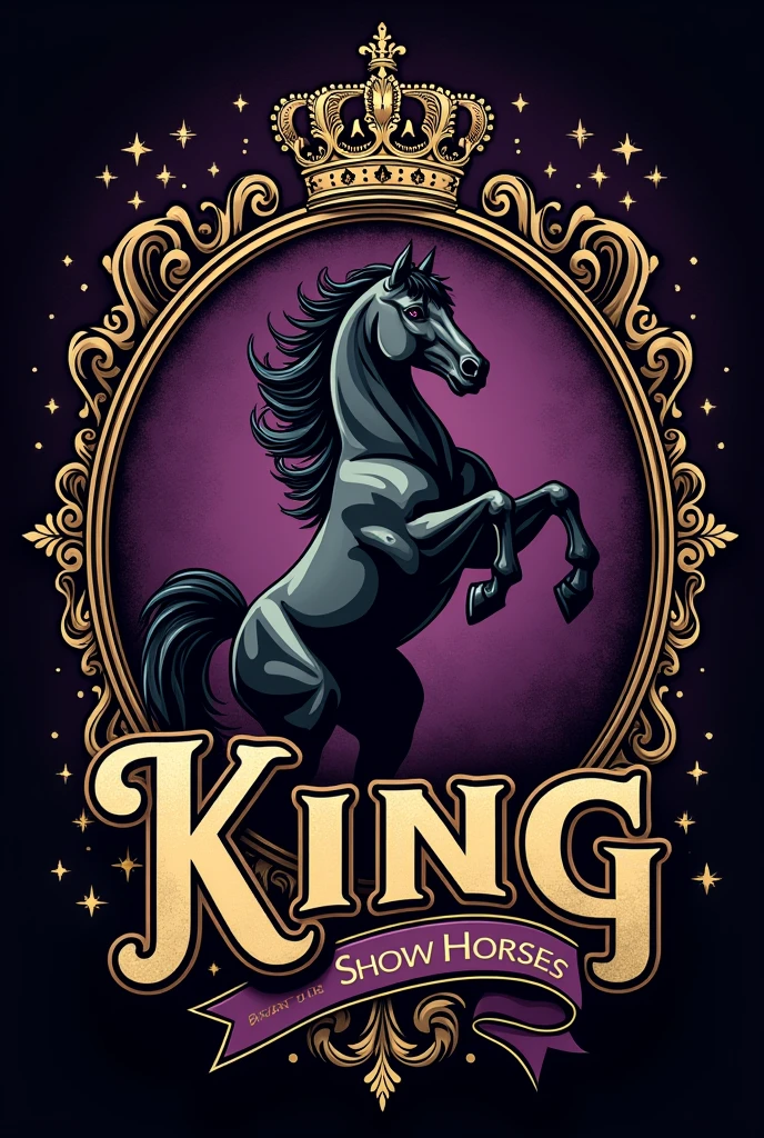 Create a detailed t-shirt design for "King Show Horses" featuring:

1. **Typography**:
   - **"King"**: Use a sophisticated serif or script font with intricate details like flourishes or filigree. Incorporate gold or deep purple.
   - **"Show Horses"**: Complementary font, simpler but elegant, in a contrasting color like white or black for readability.

2. **Iconography**:
   - Combine a regal crown with a dynamic horse silhouette.
   - Crown should have ornate details, and the horse should be in a powerful pose (e.g., rearing or galloping).

3. **Color Palette**:
   - Use a rich color scheme with deep purples, golds, and blacks.
   - Consider gradients or metallic effects for added depth.

4. **Background Elements**:
   - Incorporate subtle patterns or textures, such as a damask pattern or textured shield, to enhance the richness.

5. **Additional Details**:
   - Add decorative elements like laurel wreaths, stars, or banners framing the text and icon.

Ensure the design is detailed, visually striking, and suitable for printing on a t-shirt.