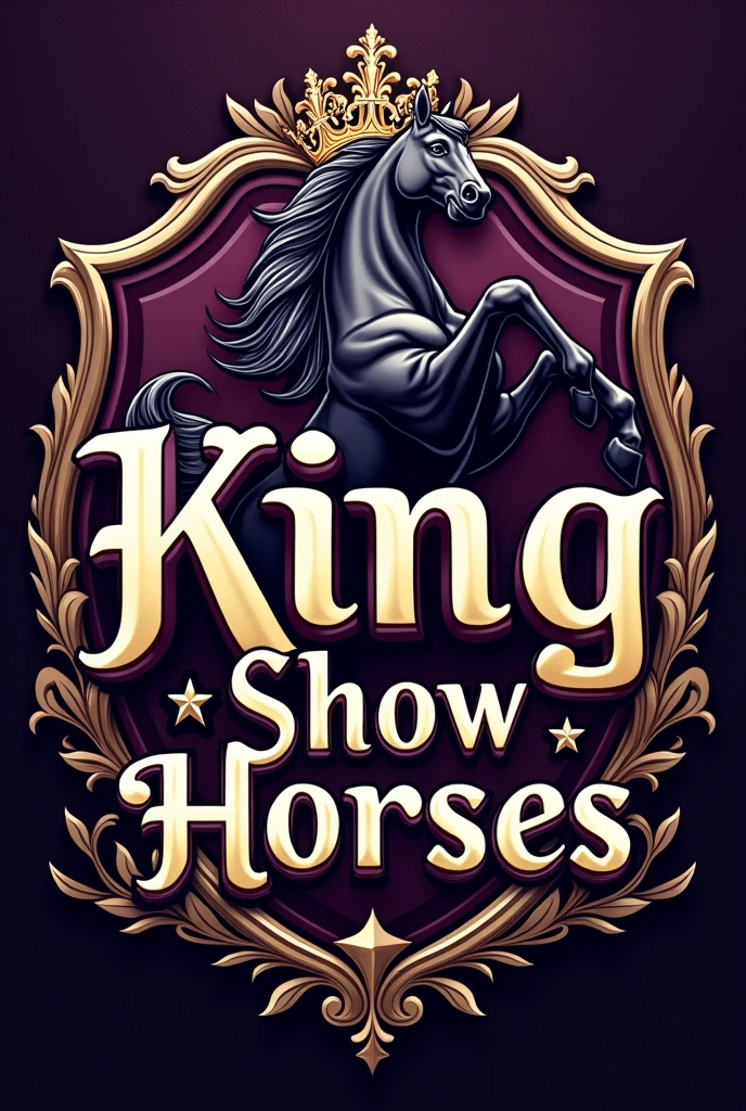 Create a detailed t-shirt design for "King Show Horses" featuring:

1. **Typography**:
   - **"King"**: Use a sophisticated serif or script font with intricate details like flourishes or filigree. Incorporate gold or deep purple.
   - **"Show Horses"**: Complementary font, simpler but elegant, in a contrasting color like white or black for readability.

2. **Iconography**:
   - Combine a regal crown with a dynamic horse silhouette.
   - Crown should have ornate details, and the horse should be in a powerful pose (e.g., rearing or galloping).

3. **Color Palette**:
   - Use a rich color scheme with deep purples, golds, and blacks.
   - Consider gradients or metallic effects for added depth.

4. **Background Elements**:
   - Incorporate subtle patterns or textures, such as a damask pattern or textured shield, to enhance the richness.

5. **Additional Details**:
   - Add decorative elements like laurel wreaths, stars, or banners framing the text and icon.

Ensure the design is detailed, visually striking, and suitable for printing on a t-shirt.