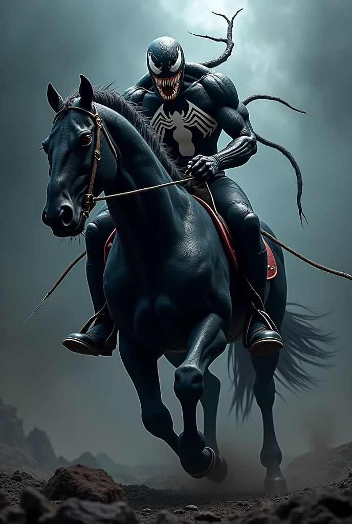 Marvel studio venom riding a venom black horse