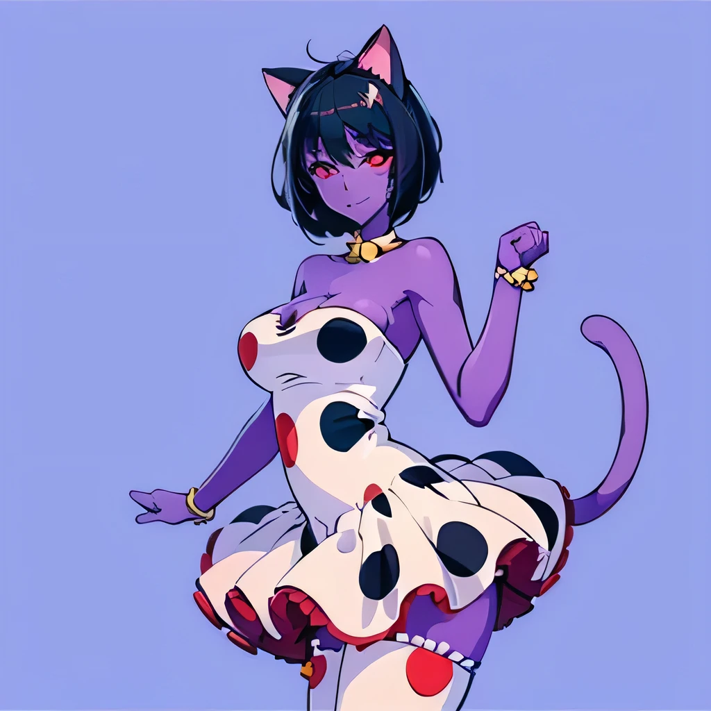  ((masterpiece,best quality,ultra-delicate,Perfect Face,16k,high resolution,very beautiful girl)), purple skin, cat ears, cat tail, 
polka dots pattern white strapless dress, polka dots pattern white tights, black short hair, red eyes,  large breasts, cute smile,full body shot